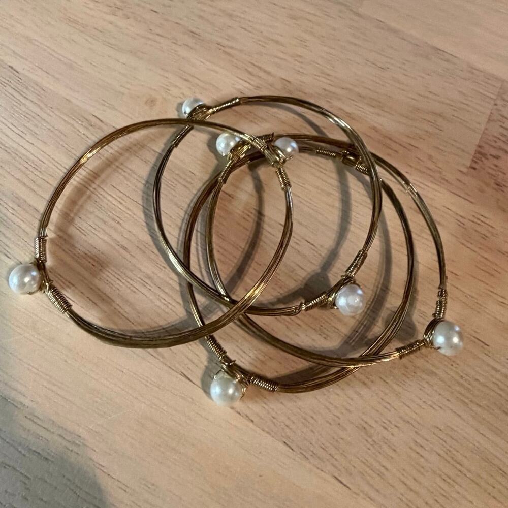 Gold Wire Wrapped Pearl Bangle Bracelet Set 5 Piece Stackable Boho Hippie Grunge